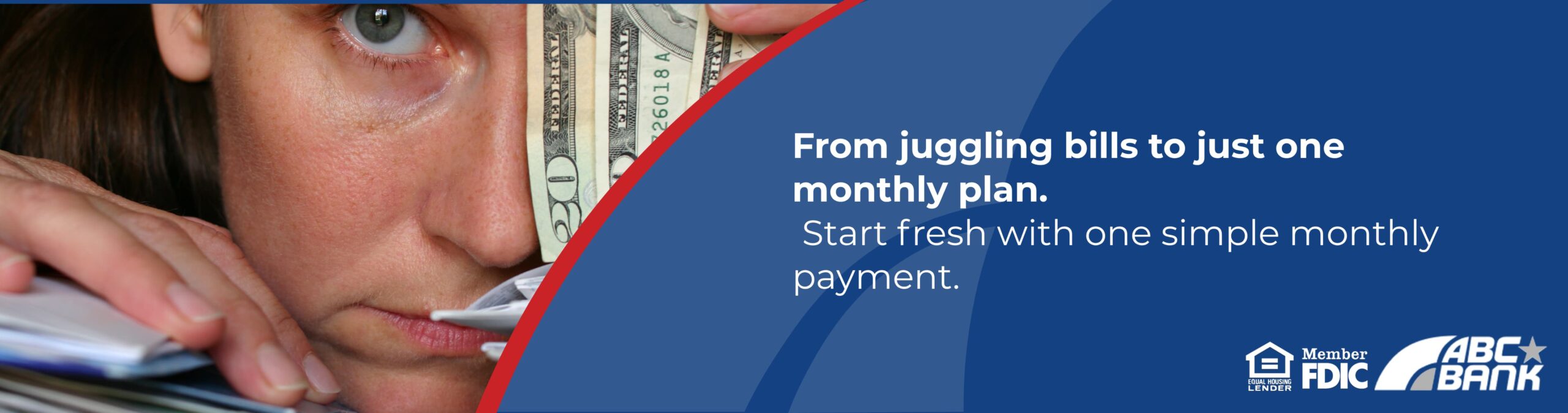 woman with piles of bills and a small amount of cash