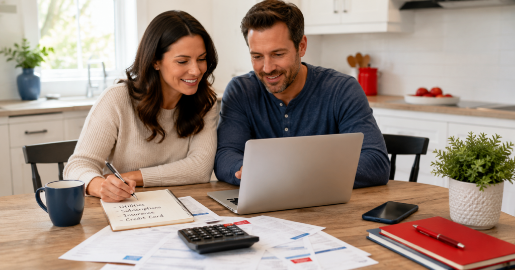 Couple sitting at the table with their laptop, calculator, and bills